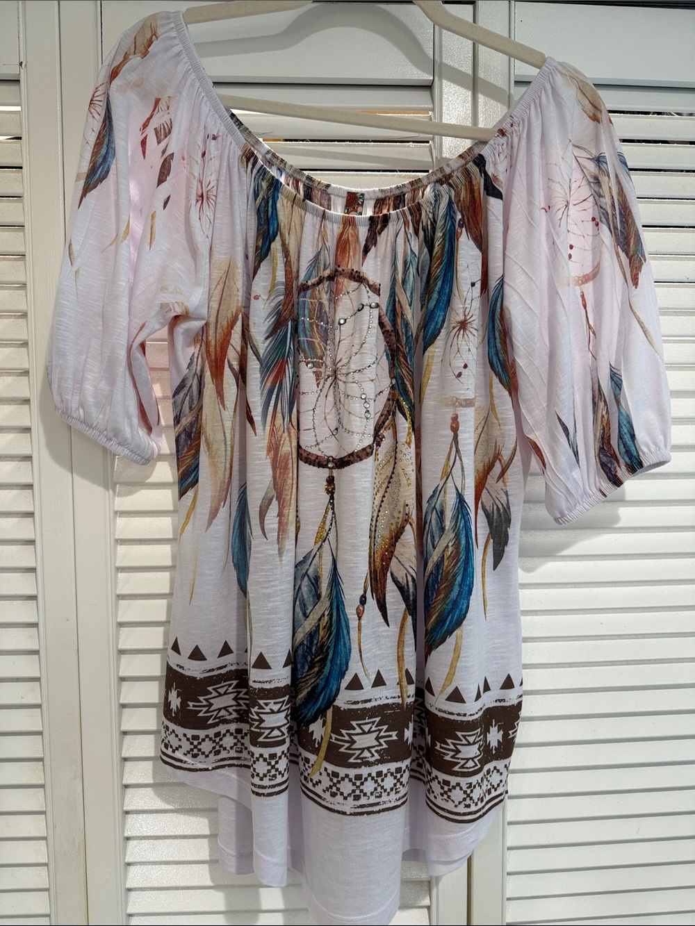 White Bohemian Off-Shoulder Tunic with Feather & Dreamcatcher Print